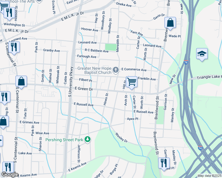 map of restaurants, bars, coffee shops, grocery stores, and more near 1503 East Green Drive in High Point