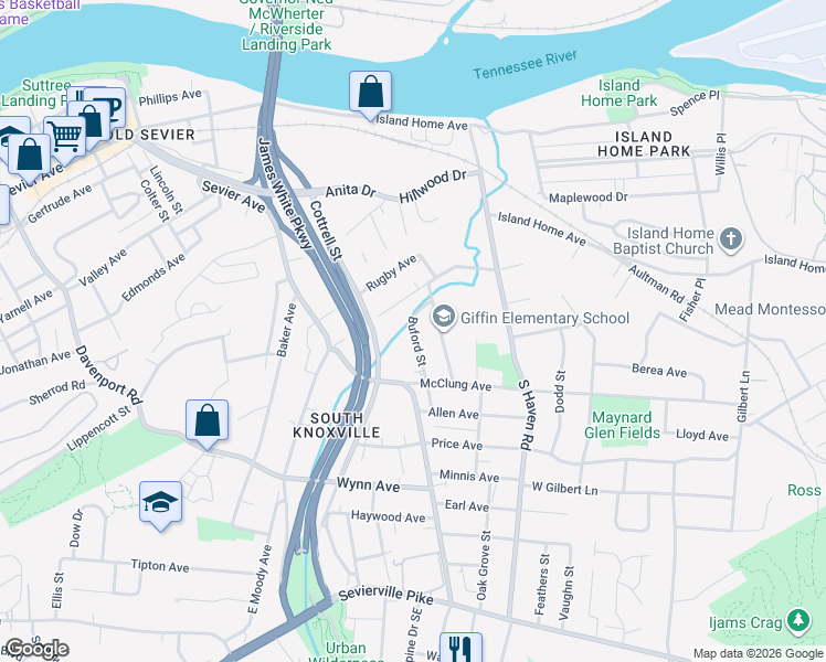 map of restaurants, bars, coffee shops, grocery stores, and more near 1829 Buford Street in Knoxville
