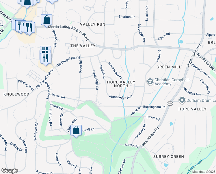 map of restaurants, bars, coffee shops, grocery stores, and more near 3715 Suffolk Street in Durham