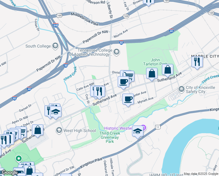 map of restaurants, bars, coffee shops, grocery stores, and more near 3509 Reagan Avenue Northwest in Knoxville