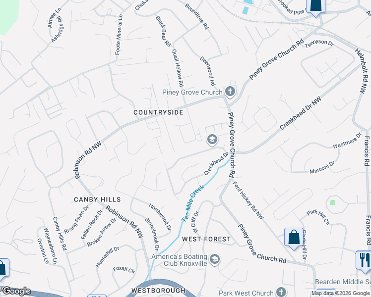 map of restaurants, bars, coffee shops, grocery stores, and more near 2000 Countryhill Lane in Knoxville