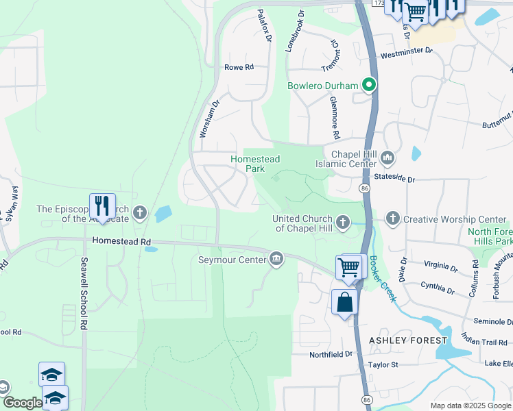 map of restaurants, bars, coffee shops, grocery stores, and more near 2516 Homestead Road in Chapel Hill