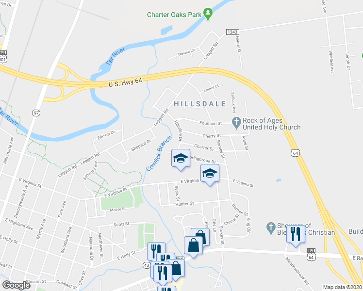map of restaurants, bars, coffee shops, grocery stores, and more near 1501 Charter Drive in Rocky Mount
