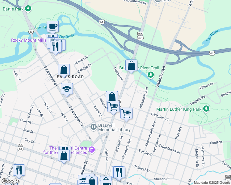 map of restaurants, bars, coffee shops, grocery stores, and more near 222 Willow Street in Rocky Mount