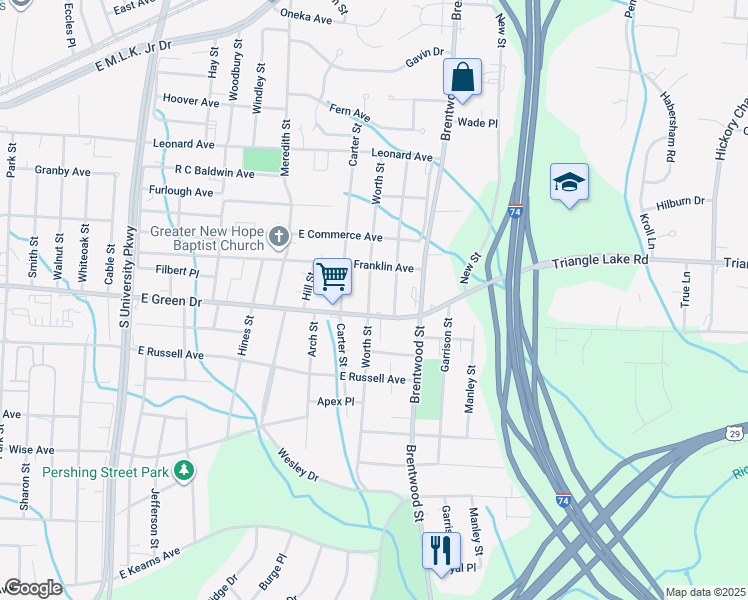map of restaurants, bars, coffee shops, grocery stores, and more near 1117 Worth Street in High Point