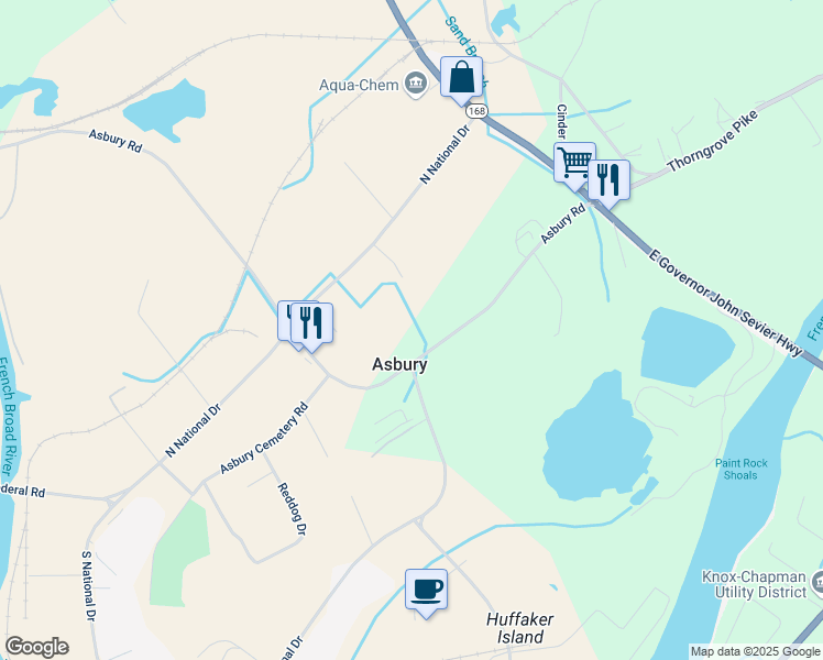 map of restaurants, bars, coffee shops, grocery stores, and more near 2820 Asbury Road in Knoxville