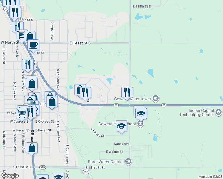 map of restaurants, bars, coffee shops, grocery stores, and more near 30197 East 143rd Street South in Coweta