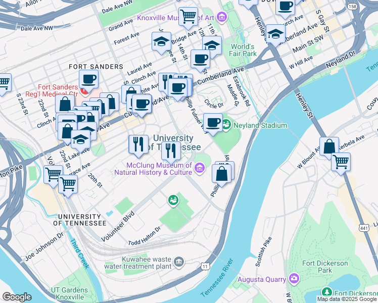 map of restaurants, bars, coffee shops, grocery stores, and more near in Knoxville