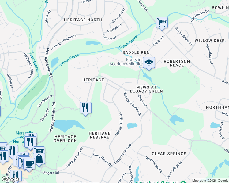 map of restaurants, bars, coffee shops, grocery stores, and more near 1210 Colonial Club Road in Wake Forest