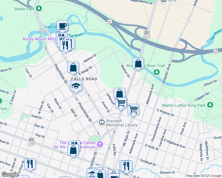 map of restaurants, bars, coffee shops, grocery stores, and more near 312 Braswell Street in Rocky Mount