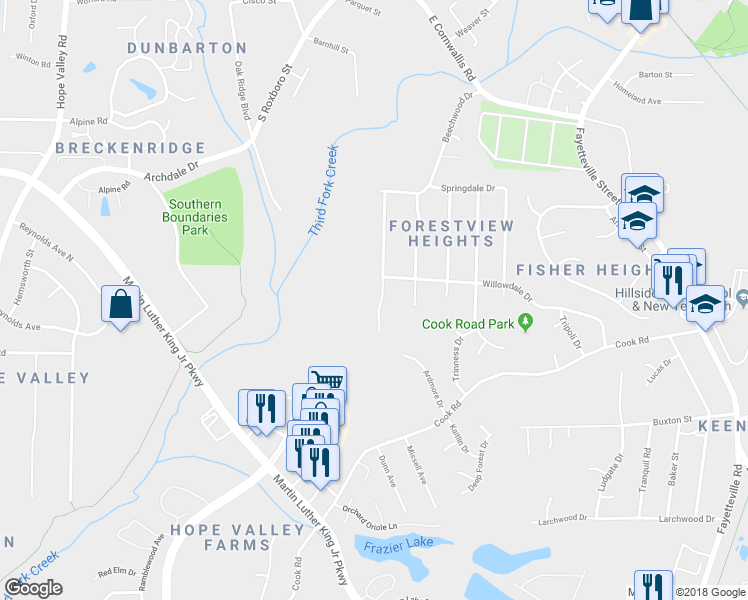 map of restaurants, bars, coffee shops, grocery stores, and more near 3006 Sprucewood Drive in Durham
