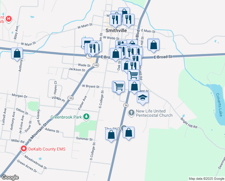 map of restaurants, bars, coffee shops, grocery stores, and more near 113 East Bryant Street in Smithville