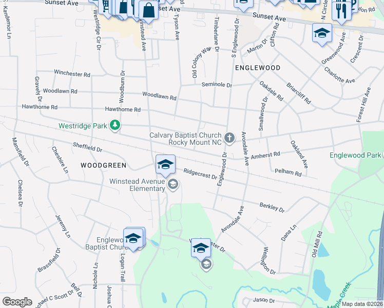 map of restaurants, bars, coffee shops, grocery stores, and more near 3201 Amherst Road in Rocky Mount