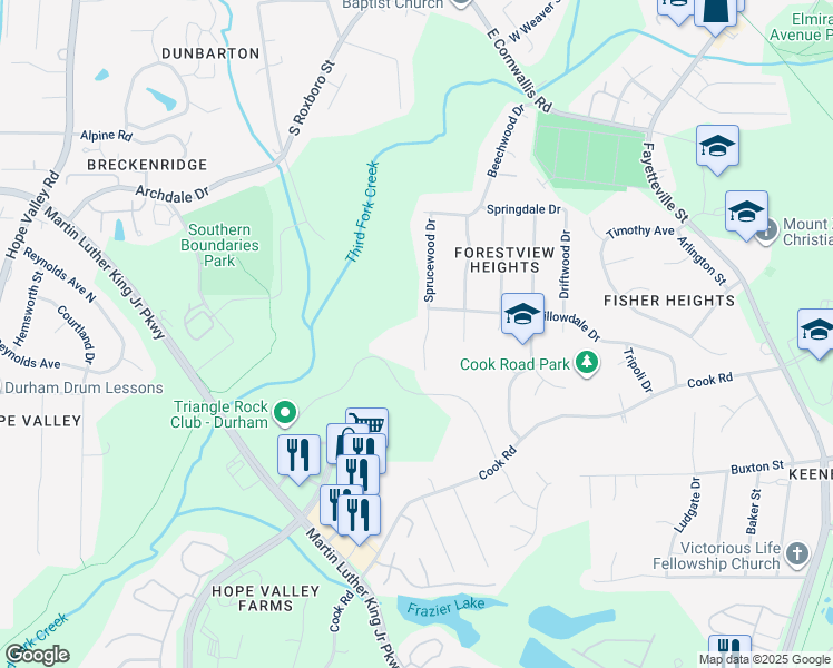 map of restaurants, bars, coffee shops, grocery stores, and more near 3006 Sprucewood Drive in Durham