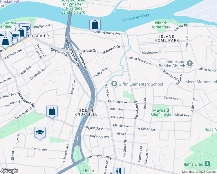 map of restaurants, bars, coffee shops, grocery stores, and more near 1829 Buford Street in Knoxville