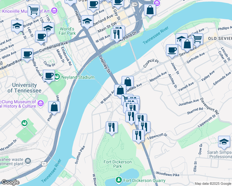 map of restaurants, bars, coffee shops, grocery stores, and more near 316 West Blount Avenue in Knoxville