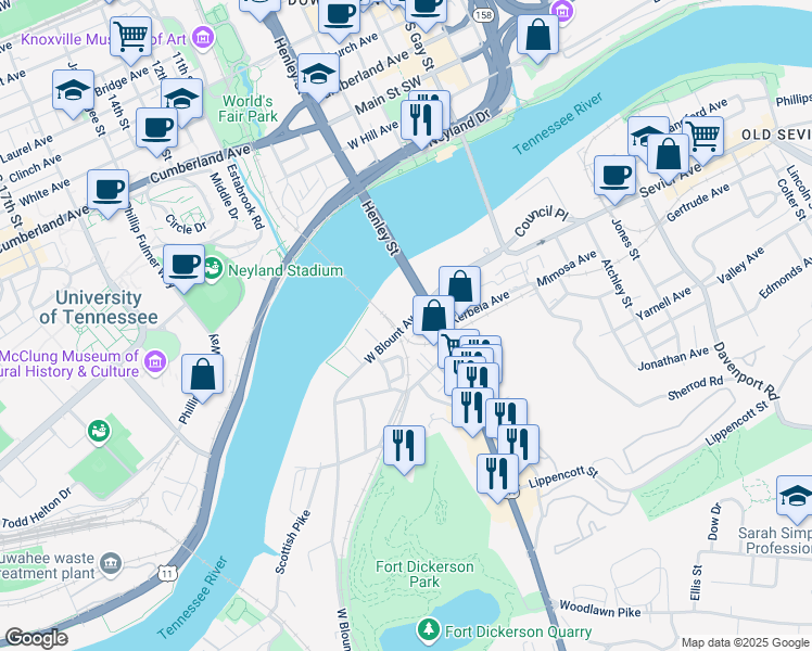 map of restaurants, bars, coffee shops, grocery stores, and more near 316 West Blount Avenue in Knoxville