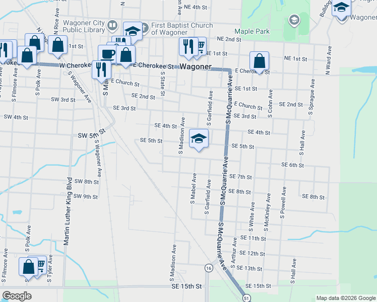 map of restaurants, bars, coffee shops, grocery stores, and more near 601 Southeast 6th Street in Wagoner