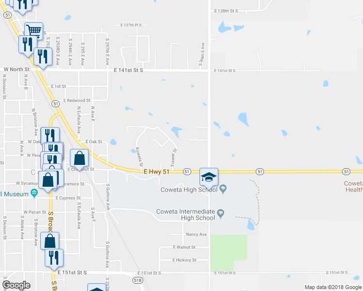 map of restaurants, bars, coffee shops, grocery stores, and more near 30318 East 144th Street in Coweta