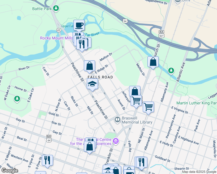map of restaurants, bars, coffee shops, grocery stores, and more near 718 Avent Street in Rocky Mount