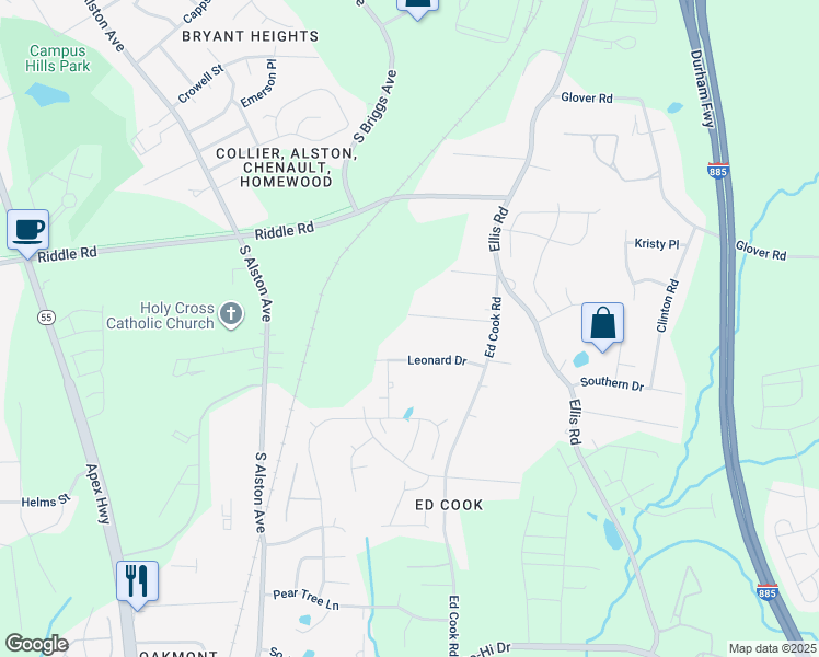 map of restaurants, bars, coffee shops, grocery stores, and more near 1900 Edgerton Drive in Durham