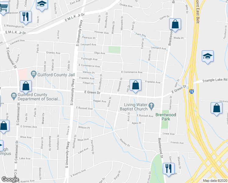map of restaurants, bars, coffee shops, grocery stores, and more near 1503 East Green Drive in High Point