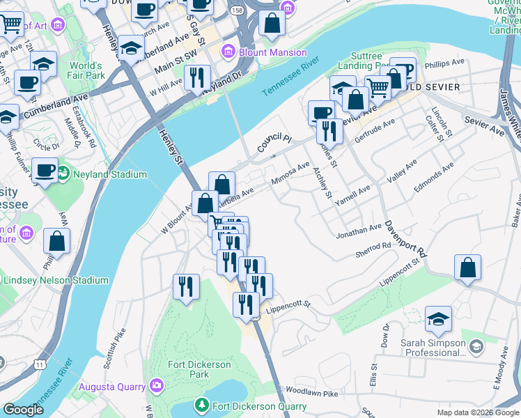 map of restaurants, bars, coffee shops, grocery stores, and more near 200 Mimosa Ave SE in Knoxville
