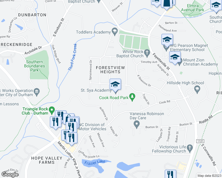 map of restaurants, bars, coffee shops, grocery stores, and more near 3003 Kanewood Drive in Durham