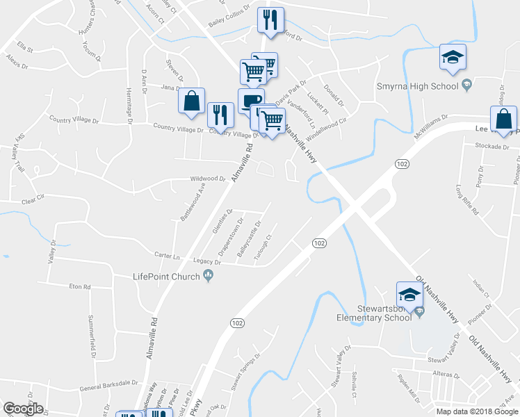 map of restaurants, bars, coffee shops, grocery stores, and more near 643 Glenties Drive in Smyrna