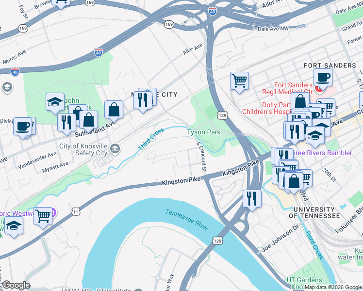 map of restaurants, bars, coffee shops, grocery stores, and more near 2733 Jersey Avenue in Knoxville