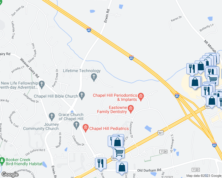map of restaurants, bars, coffee shops, grocery stores, and more near 410 Englewood Drive in Chapel Hill