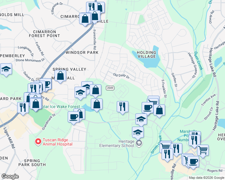 map of restaurants, bars, coffee shops, grocery stores, and more near 1600 Heritage Commerce Court in Wake Forest