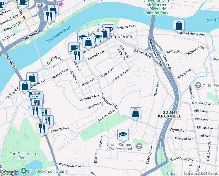 map of restaurants, bars, coffee shops, grocery stores, and more near 912 Kingland Avenue in Knoxville