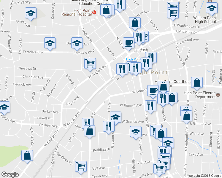 map of restaurants, bars, coffee shops, grocery stores, and more near 409 W High Ave in High Point