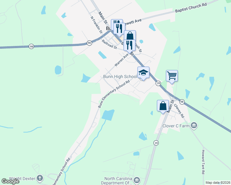 map of restaurants, bars, coffee shops, grocery stores, and more near 145 Bunn Elementary School Road in Bunn