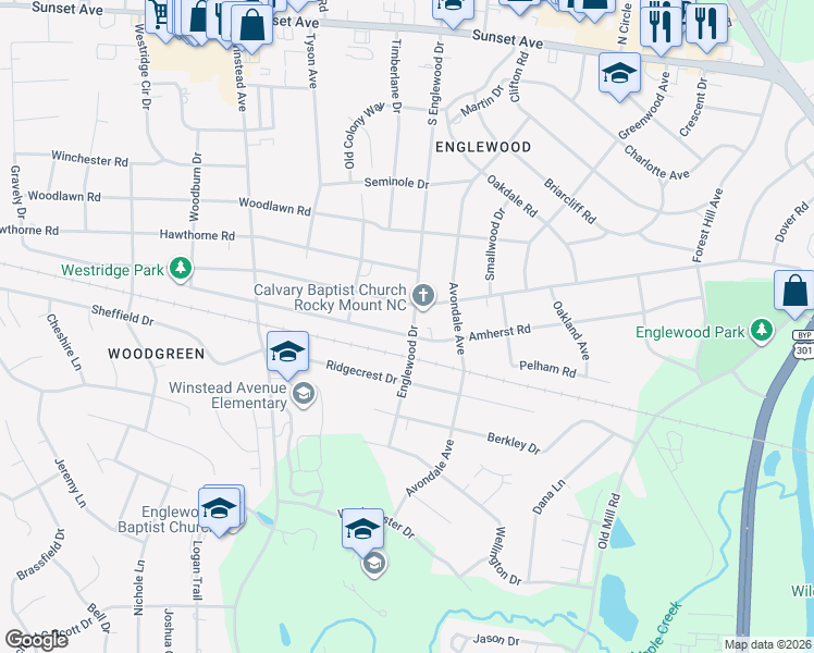 map of restaurants, bars, coffee shops, grocery stores, and more near 3100 Amherst Road in Rocky Mount