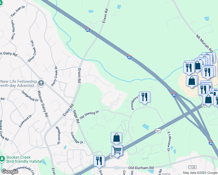 map of restaurants, bars, coffee shops, grocery stores, and more near 410 Englewood Drive in Chapel Hill