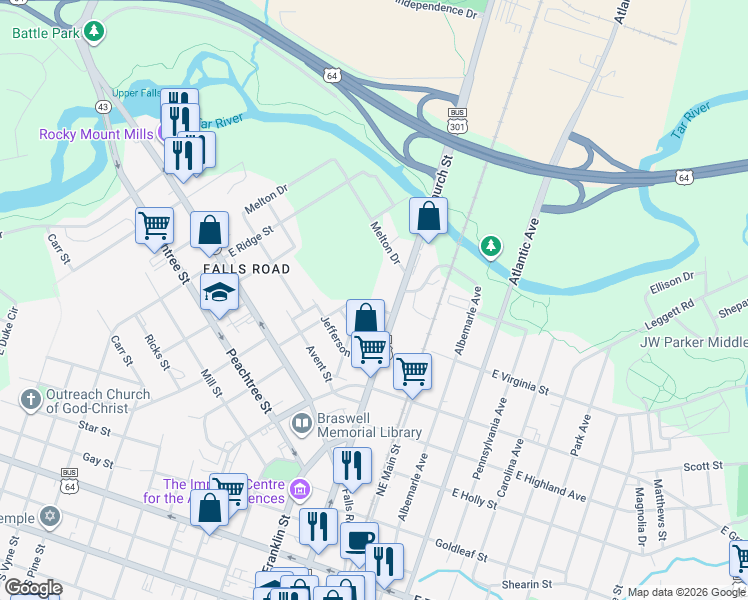map of restaurants, bars, coffee shops, grocery stores, and more near 218 Willow Street in Rocky Mount