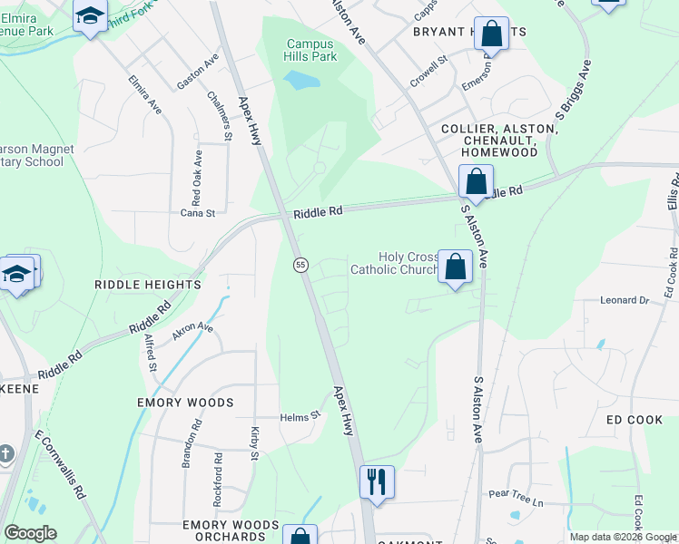 map of restaurants, bars, coffee shops, grocery stores, and more near 1104 Latitude Drive in Durham