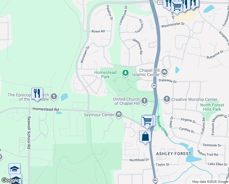 map of restaurants, bars, coffee shops, grocery stores, and more near Homestead Park Drive in Chapel Hill