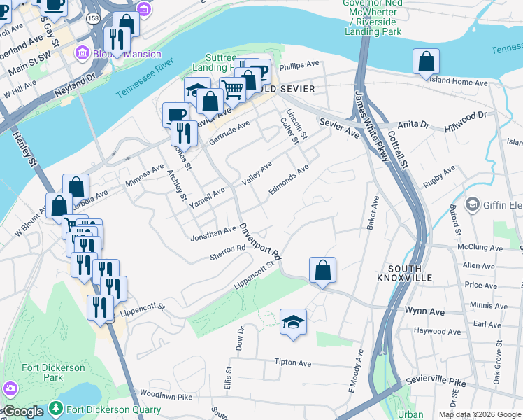 map of restaurants, bars, coffee shops, grocery stores, and more near 912 Kingland Avenue in Knoxville