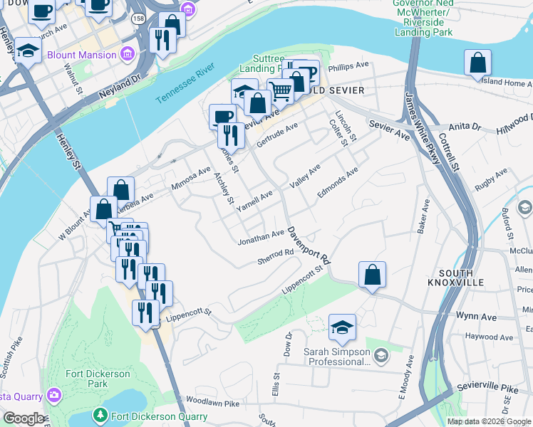 map of restaurants, bars, coffee shops, grocery stores, and more near 2505 Jones Street in Knoxville