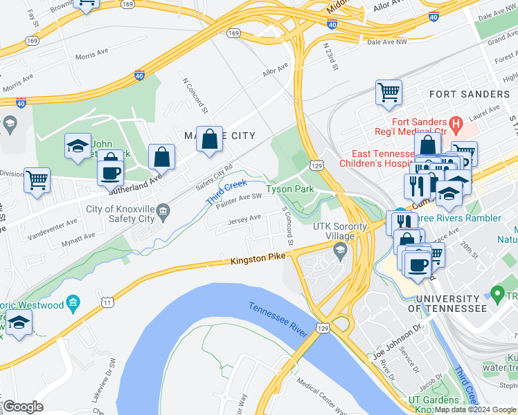 map of restaurants, bars, coffee shops, grocery stores, and more near 2729 Jersey Avenue in Knoxville