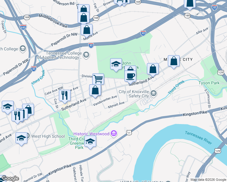 map of restaurants, bars, coffee shops, grocery stores, and more near 3313 Vandeventer Avenue in Knoxville