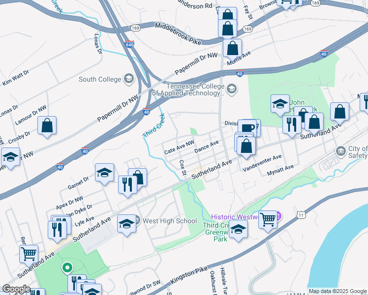 map of restaurants, bars, coffee shops, grocery stores, and more near 3721 Dance Avenue in Knoxville