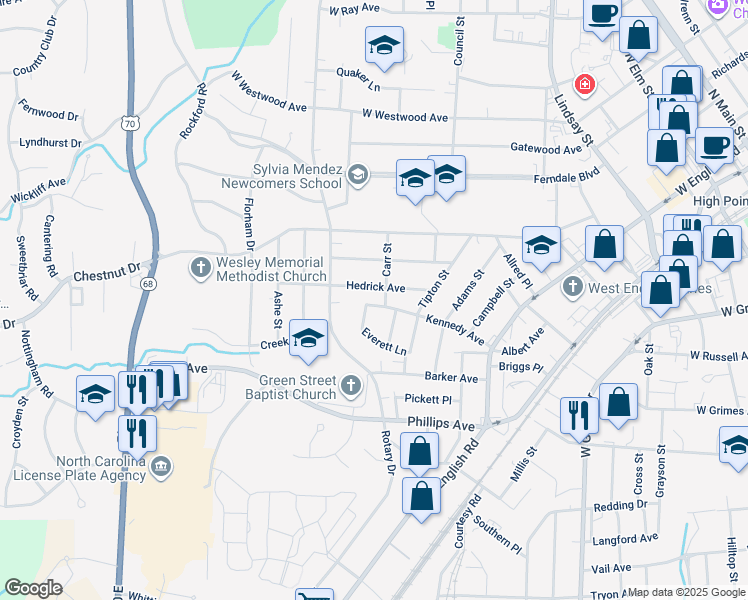 map of restaurants, bars, coffee shops, grocery stores, and more near 704 Kennedy Avenue in High Point