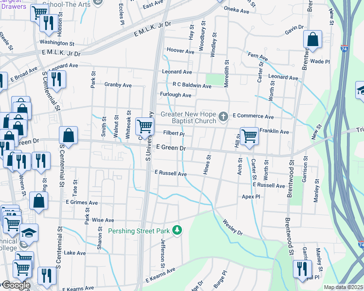 map of restaurants, bars, coffee shops, grocery stores, and more near 1303 East Green Drive in High Point