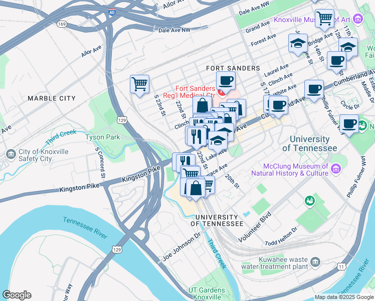 map of restaurants, bars, coffee shops, grocery stores, and more near 2223 Cumberland Avenue in Knoxville