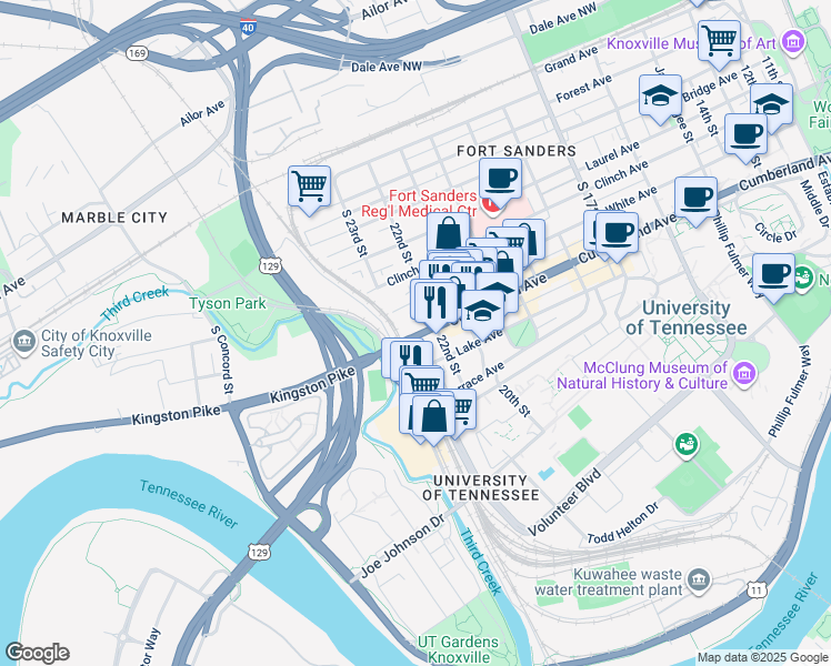 map of restaurants, bars, coffee shops, grocery stores, and more near 2223 Cumberland Avenue in Knoxville