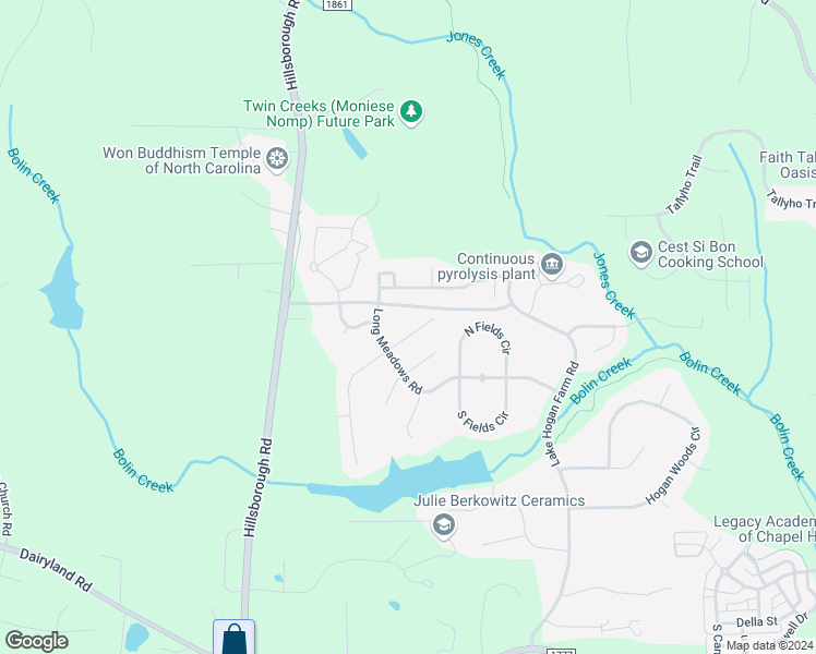 map of restaurants, bars, coffee shops, grocery stores, and more near 107 Hogan Ridge Court in Chapel Hill